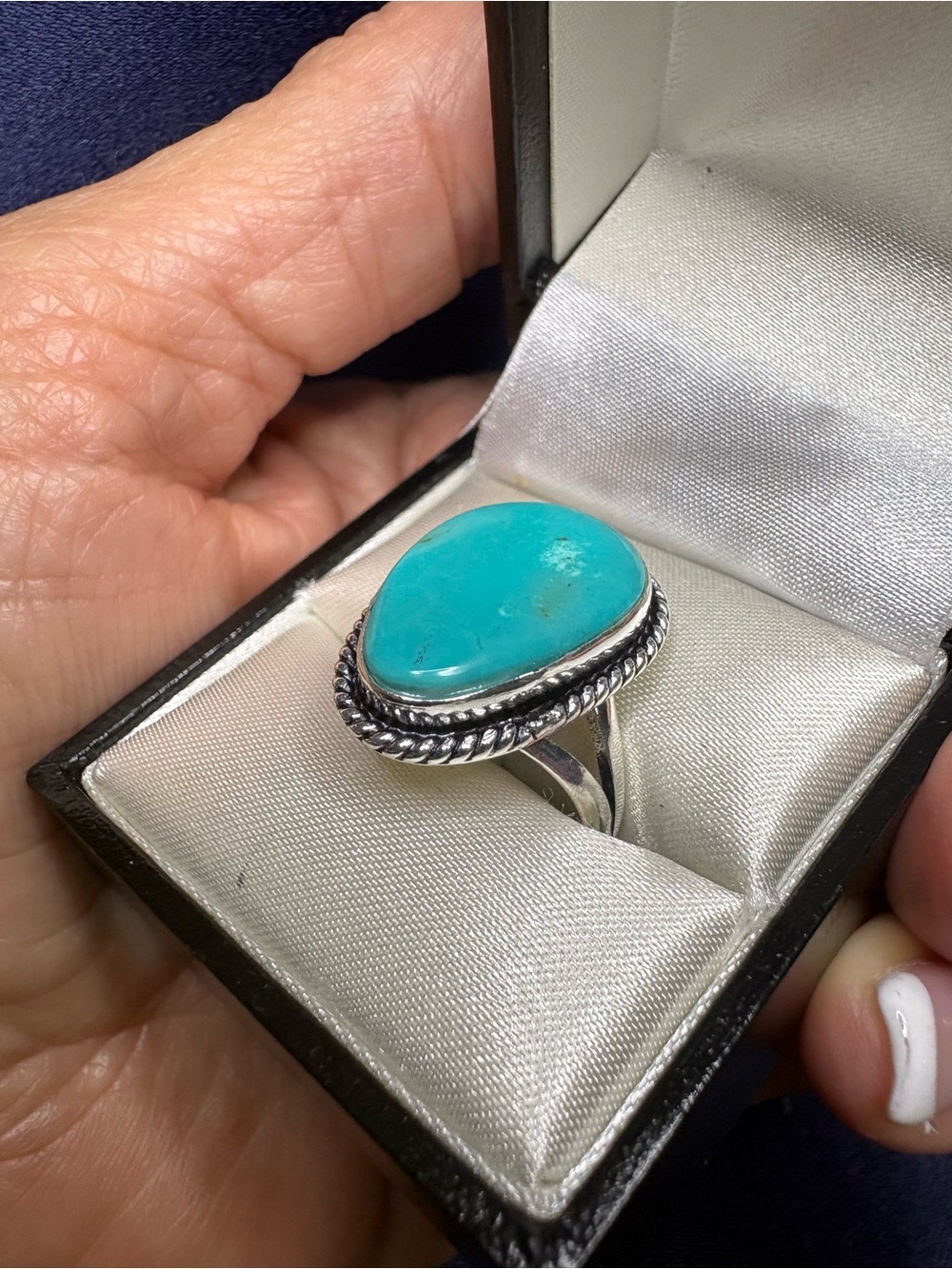 Ring Sterling Silver Genuine Turquoise Teardrop Oblong Boho Statement - Picture 4 of 8